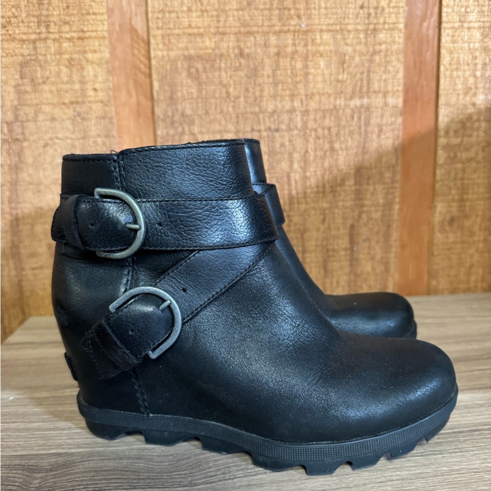 Sorel Black Leather Ankle Booties with Buckle Detail